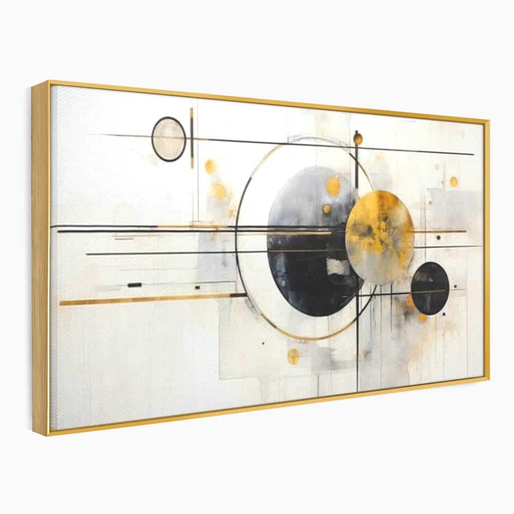 Tablou canvas cu pictura abstracta cu forme geometrice, in rama de aluminiu auriu